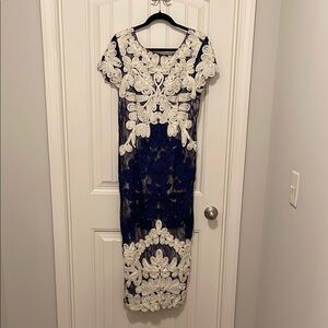 JS Collections Navy and Cream Midi Dress